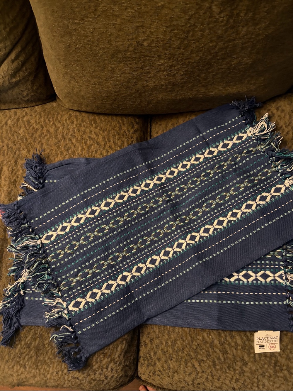 Blue Woven Fringe Placemat Runner with Geometric Pattern